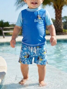 Bluey Baby Boys 2-Piece Swim Set Rash Guard and Swim Trunks Size 12M UPF 50+